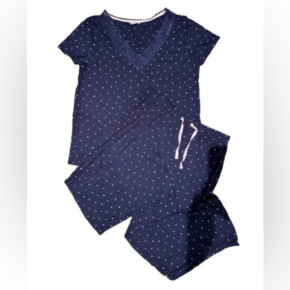 NWOT EMILY & JANE Women Pyjama, Short Sleeves, Navy Blue with Polka Dots, Size M